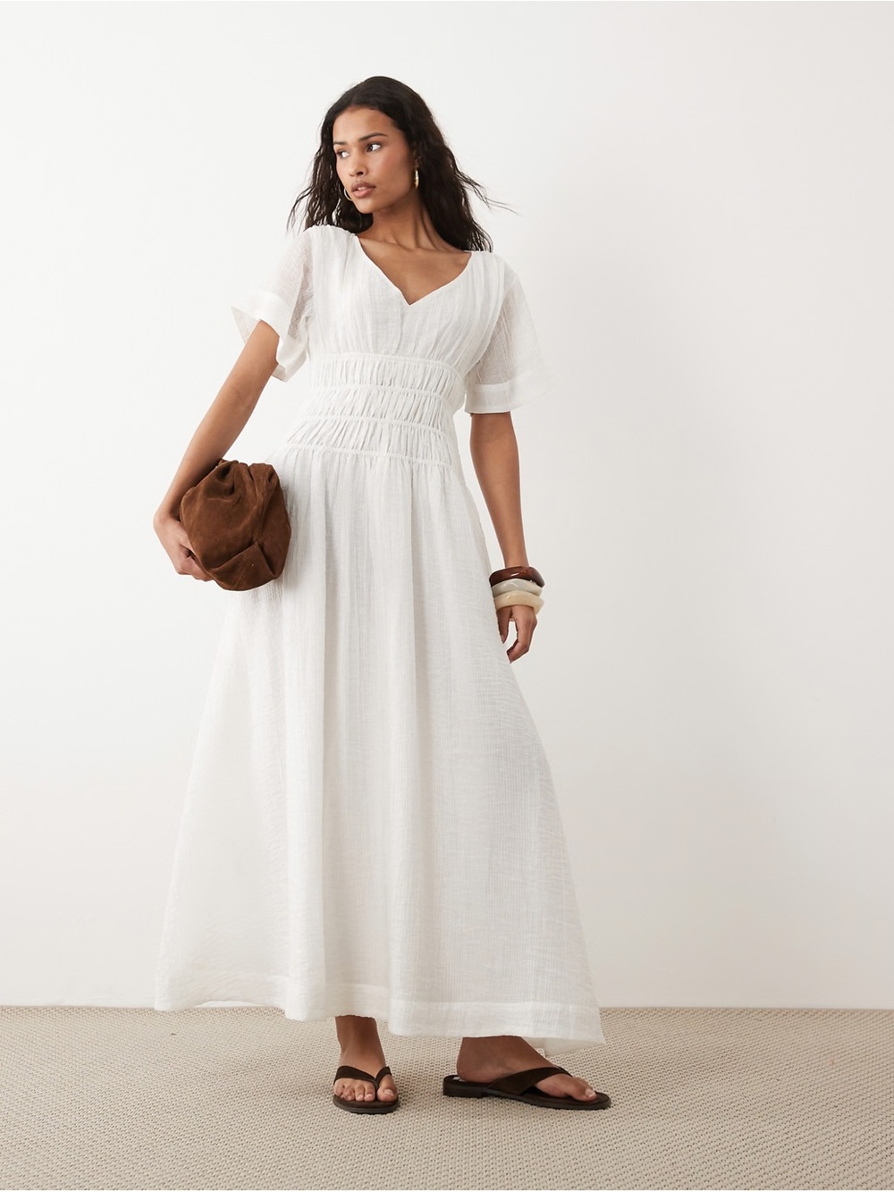 ASOS DESIGN smock maxi dress with techy fabric with shirred waist in white NWT